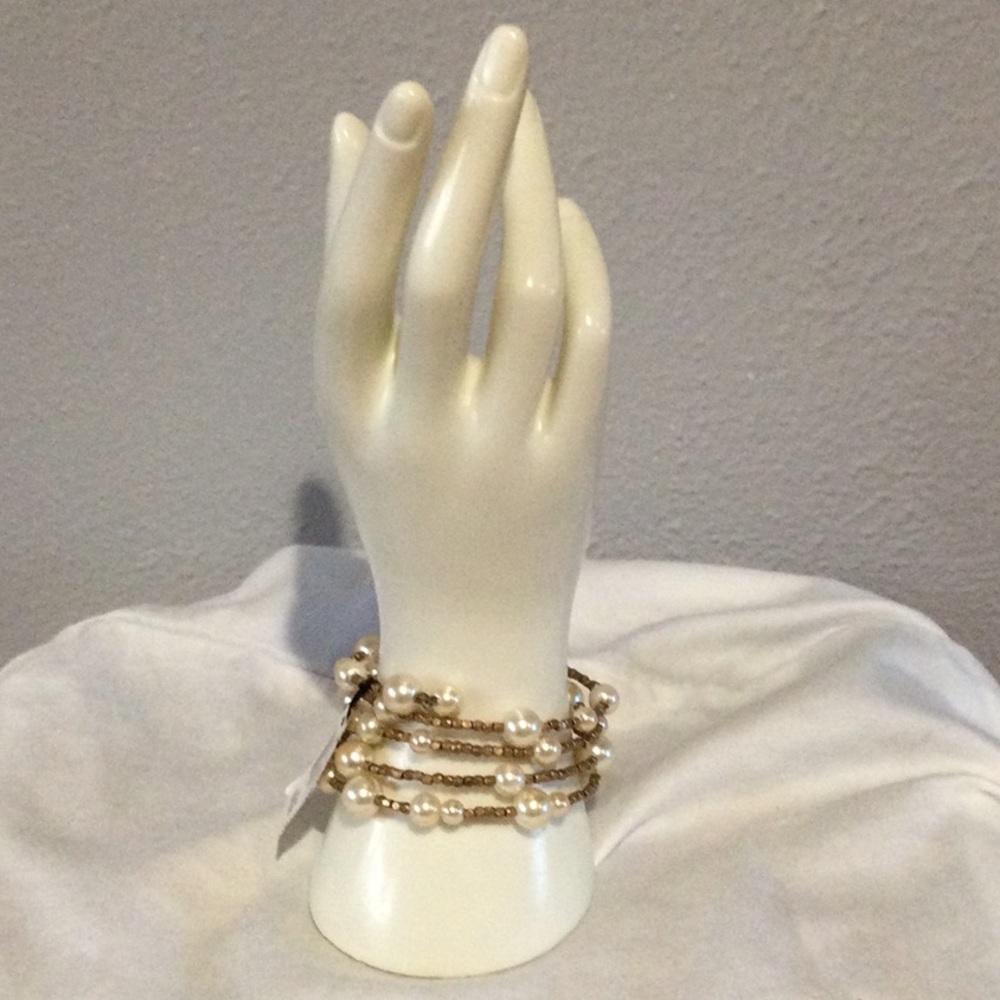 White House Black Market Faux Pearl and Gold Bead Wrap Bracelet  NWT